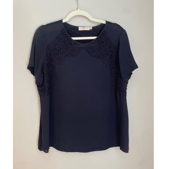Tory Burch Women XL Top Silk Lace Linen Blouse Navy Blue Short Sleeve Cottage - Picture 1 of 13